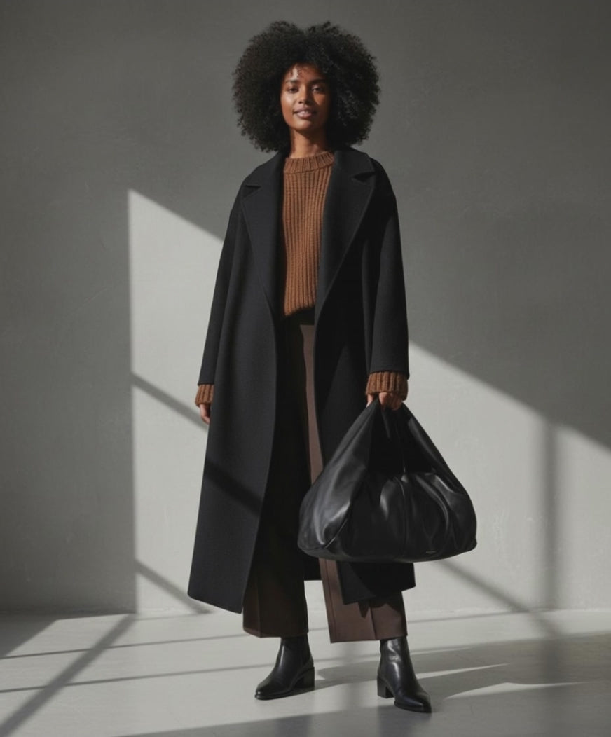 Dark skinned girl wearing a long black wool coat, Royal RepubliQ Black bag and black Royal RepubliQ chelsea boots