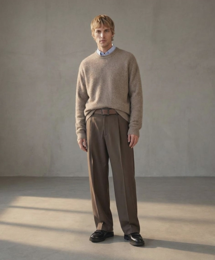 Model wearing brown pants and Brown Royal RepubliQ leather belt.