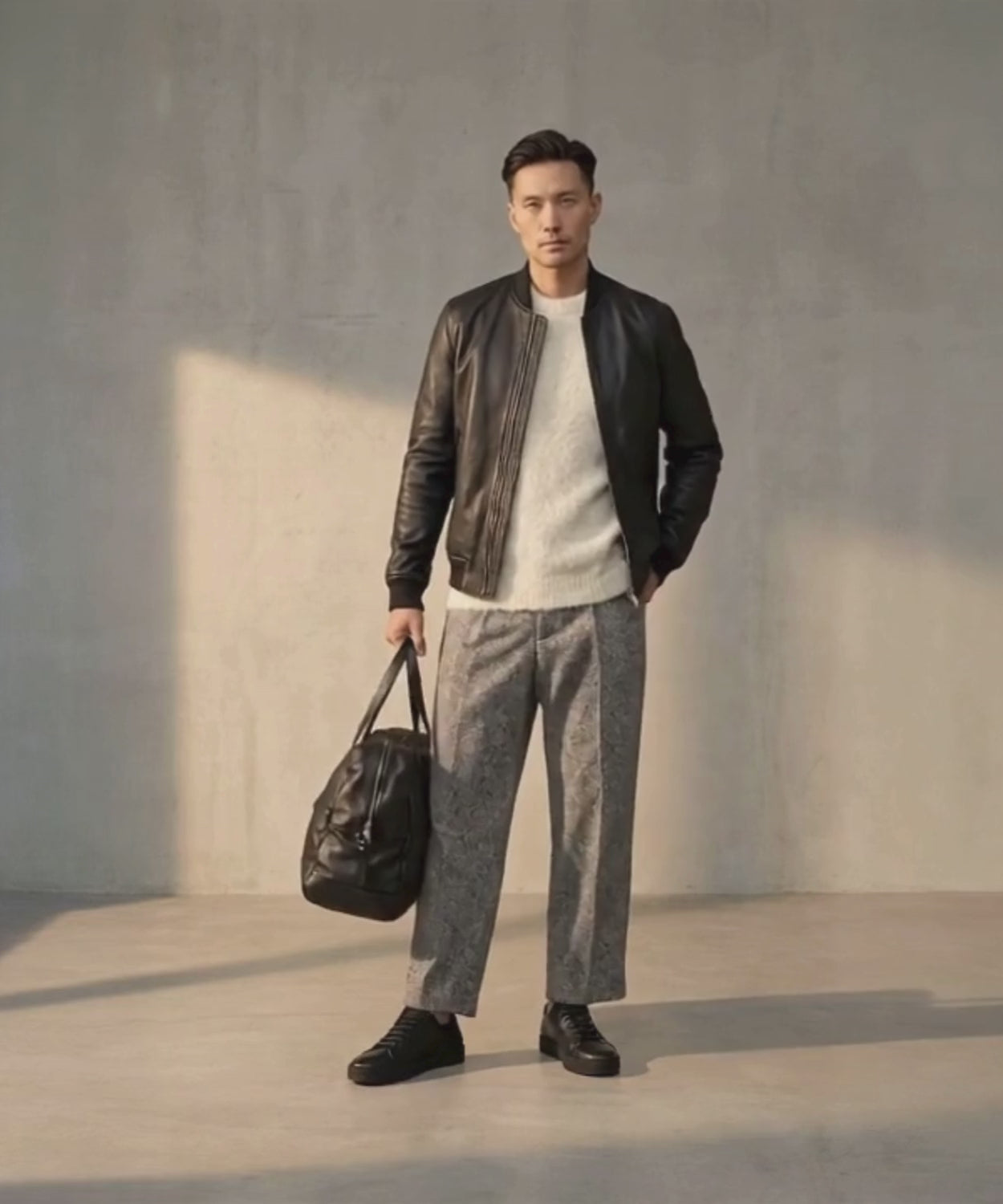 Video of male model wearing a black Royal RepubliQ washed leather Weekend bag